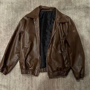 Brown leather bomber jacket